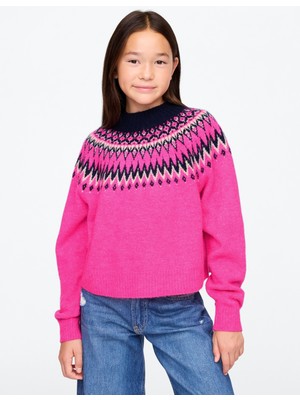 Gap Kız Çocuk Pembe Fair Isle Desenli Kazak