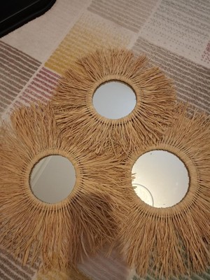 Bohem Dekoratif Üçlü Bohem Ayna Seti Rafya Ayna Hasır Pano Duvar Süsü El Yapımı Ayna Ev Çocuk Bebek