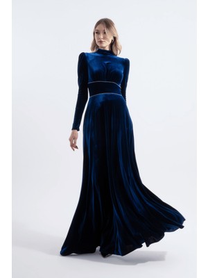 HOX'S Nun | Kristal Taşlı Şeritli Maxi Kadife Söz Nişan Elbisesi - Gece Mavisi