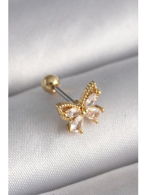 Clariss 316L Çelik Gold Renk Zirkon Taşlı Kelebek Tragus Piercing