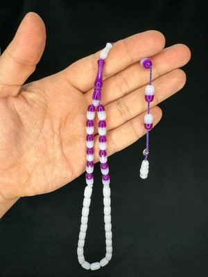 Anemore Collection Mor Beyaz Geçişli Toz Kehribar Tesbih Kapsül Kesim 11,5mmx6,5mm T-692