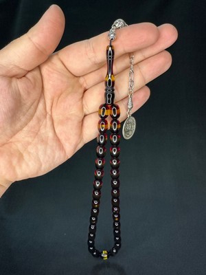 Anemore Collection Toz Kehribar Tesbih Bordo Sarı Sürmeli Beyzi Kesim 12,5mmx8,5mm T-696