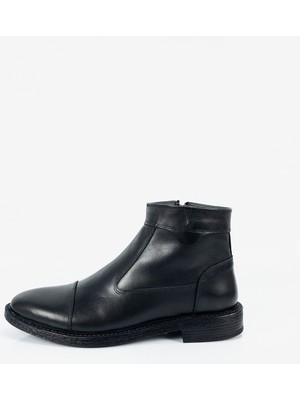 Erkek Siyah Su Geçirmez Hakiki Deri Içi Yünlü Fermuarlı Bot