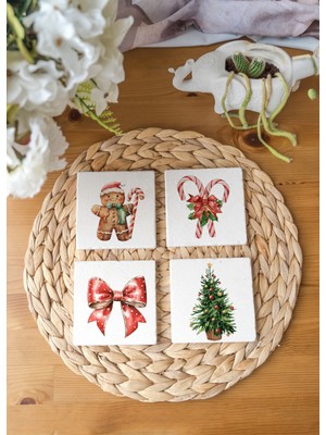 Arslart Atölye “gingerbread ve Şeker Kamışı” Temalı Bardak Altlığı 4’lü Set Doğal Taş Traverten (10X10 Cm)