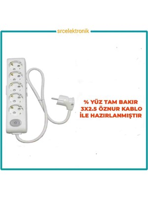 Viko Multi-Let 5 Li 3x2.5 Öznur Kablo Tam Bakır (1 ile 15 Metre Arası) Anahtarlı Topraklı Çocuk Korumalı Uzatma Grup Priz ( 3x2.5 Ttr Öznur Kablo Tam Bakır) Ttr Kablo Tseli HO5VV;
