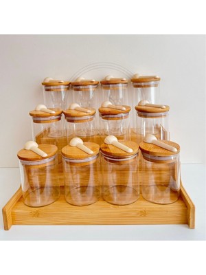 Yeninesilevim 4lü 300 Ml+4lü 250 Ml+4lü 200 ml Vakumlu Yuvarlak Cam Kaşıklı Kavanoz ve 3 Katlı Bambu Stand