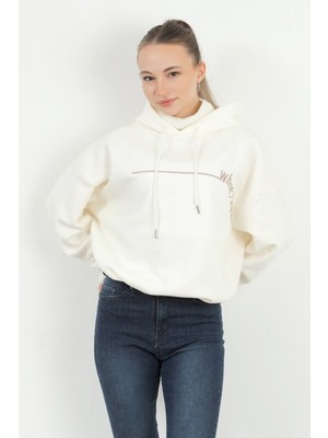 Kadın What Ever Nakışlı Yaka ve Kol Triko Detaylı Sweatshirt Beyaz - 5073