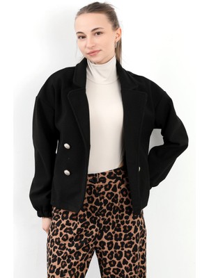 Kadın Düğmeli Cepli Kısa Kruvaze Yaka Kaşe Kaban Siyah - 9117