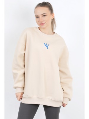 Kadın NY Nakışlı Bisiklet Yaka 3 İplik Şardonlu Oversize Sweatshirt Bej – 9005