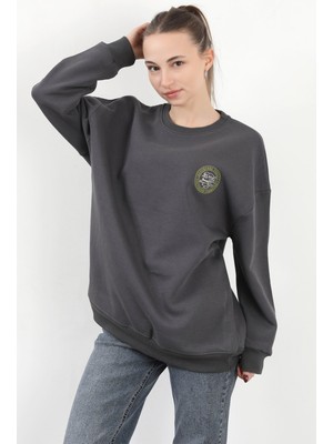 Kadın Adventure 3 Ip Nakışlı Bisiklet Yaka Oversize Sweatshirt Antrasit - 9003