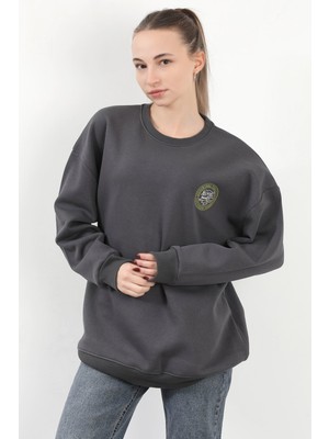 Kadın Adventure 3 Ip Nakışlı Bisiklet Yaka Oversize Sweatshirt Antrasit - 9003