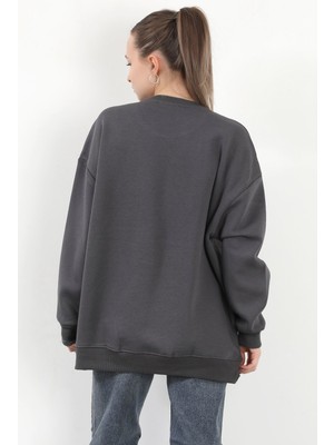 Kadın Adventure 3 Ip Nakışlı Bisiklet Yaka Oversize Sweatshirt Antrasit - 9003