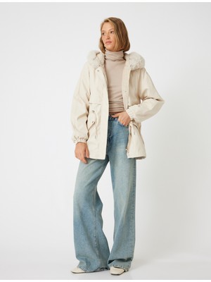 Koton Suni Deri Kapşonlu Parka Içi Peluş Astarlı Cepli Rahat Kalıp