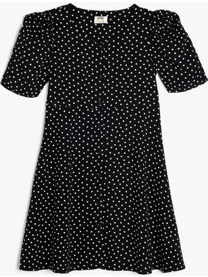 Koton Puantiyeli Elbise Balon Kollu Düğme Kapamalı Viskon Kumaş