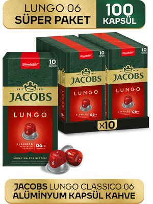 Jacobs Lungo 6 Classic Nespresso Uyumlu Alüminyum Kapsül Kahve 10 Adet X 10 Paket