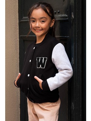 For You Kids W Nakışlı Kız Çocuk Siyah Bomber Kolej Ceket %50 Pamuk %50 Polyester Rahat ve Şık Tasarım