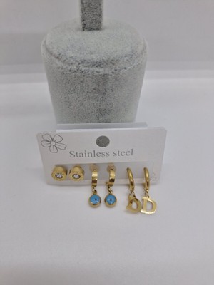 Stainless Steel Çelik D Harf Nazar Boncuklu 6 Lı Küpe Seti