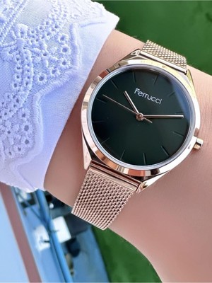 Ferrucci Kadın Zümrüt Altın Hasır Kordon Ince Çerçeveli Şık Quartz Kol Saati - Metal Kasa, Yuvarlak Kadran