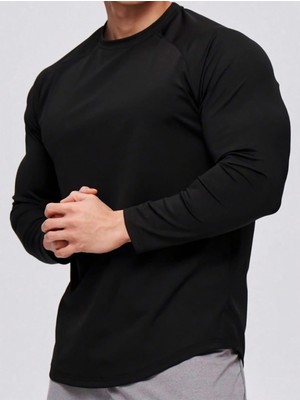 Ghassy Co. Erkek Running Sports Reglan Oval Kesim Uzun Kollu Pamuklu Penye T-Shirt