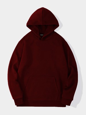 Softway Unisex Basic Düz Renk Kapüşonlu Içi Yumuşak Polarlı Oversize Sweatshirt - Bordo