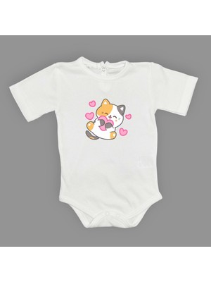 Mnk Baby & Kids Kalpli Kedi Baskılı Bebek Çıtçıtlı Body Uzun Kısa Kolsuz
