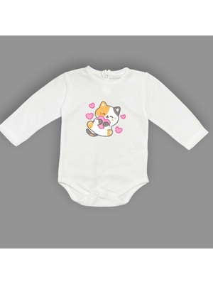 Mnk Baby & Kids Kalpli Kedi Baskılı Bebek Çıtçıtlı Body Uzun Kısa Kolsuz