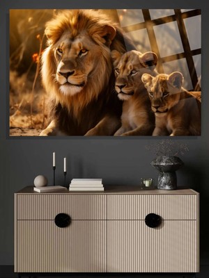 Taulart Aslan Ailesi Leo Family 4mm Kırılmaz Temperli Yüksek Çözünürlüklü Cam Tablo