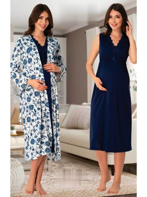 Effortt Lacivert Sabahlıklı Hamile Lohusa Gecelik Takım