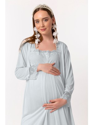 Effortt Mavi Sabahlıklı Hamile Lohusa Gecelik Takım