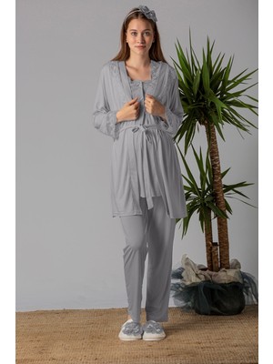 Effortt Gri Sabahlıklı Hamile Lohusa Pijama Takımı