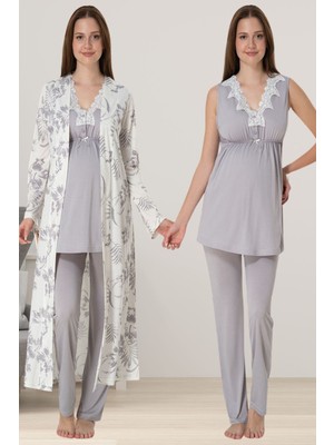 Effortt Gri Sabahlıklı Hamile Lohusa Pijama Takımı