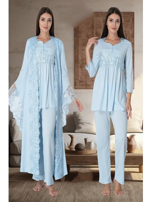 Effortt Mavi Sabahlıklı Hamile Lohusa Pijama Takımı