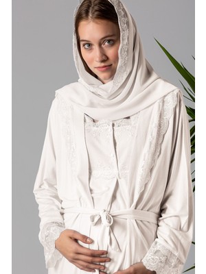 Effortt Ekru Tesettürlü Sabahlıklı Hamile Lohusa Pijama Takımı