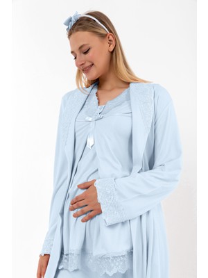 Effortt Mavi Sabahlıklı Hamile Lohusa Pijama Takımı
