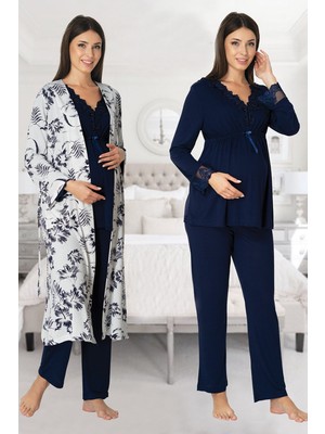 Effortt Lacivert Sabahlıklı Hamile Pijama Takımı Pamuk Kumaşlı Emzirme Özellikli Rahat Kullanım