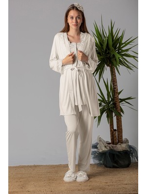 Effortt Ekru Sabahlıklı Hamile Lohusa Pijama Takımı