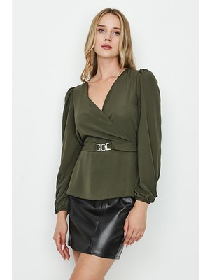 Select Moda Kadın Beli Toka Detaylı Dokuma Bluz