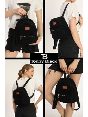 Tonny Black Kadın Siyah Peluş Mini Sırt Çantası Ayarlanabilir Askılı Pofuduk Tote Bag Sırt Çantası