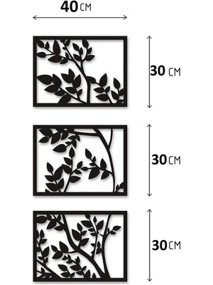 Üçlü Dal ve Yaprak Desenli Ahşap Dekoratif Duvar Tablosu