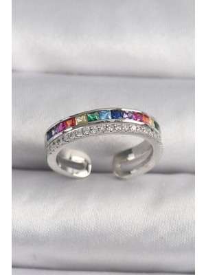 Clariss Pirinç Gümüş Renk Renkli Zirkon Taşlı Kadın Yüzük