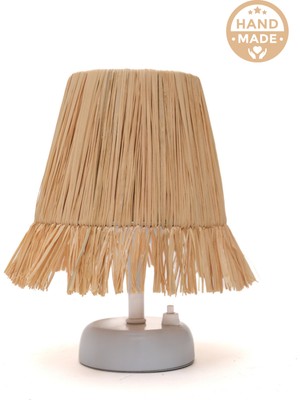 Rafya Hasır Püsküllü Pilli Abajur Kablosuz Masaüstü El Yapımı Gece Lambası