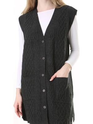 Fresh Moda Kadın Yün Kışlık Anne Uzun Triko Yelek