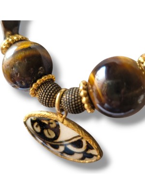 Kaplan Gözü Taşlı Seramik Uçlu Kadın Doğaltaş Kolye 51CM