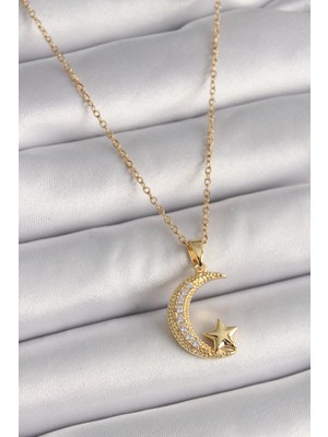 Clariss 316L Çelik Gold Renk Zincir Zirkon Taşlı Hilal Model Yıldız Detay Kadın Kolye