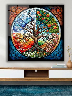 Taulart Renkli Hayat Ağacı 4 Mevsim Kare Cam Tablo Ev Ofis Salon  Dekor