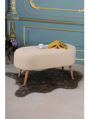 Nidage Luna Peluş Krem Large 90  cm  Gürgen Ayaklı Puf Koltuk Bench