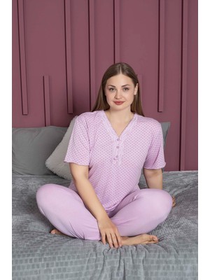 Temporium Kadın Büyük Beden Desenli Yakası Dantelli Düğmeli Kısa Kollu Bambu Pijama Takımı