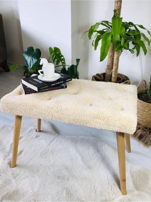 Nidage Gürgen Retro Ahşap Ayaklı Handmade Krem Pofidik Puf Bench Koltuk Sandalye