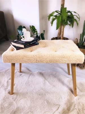 Nidage Gürgen Retro Ahşap Ayaklı Handmade Krem Pofidik Puf Bench Koltuk Sandalye