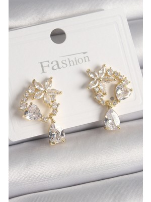 Shopzum Pirinç Gold Renk Zirkon Taşlı Çiçek Model Sallantı Damla Detay Kadın Küpe